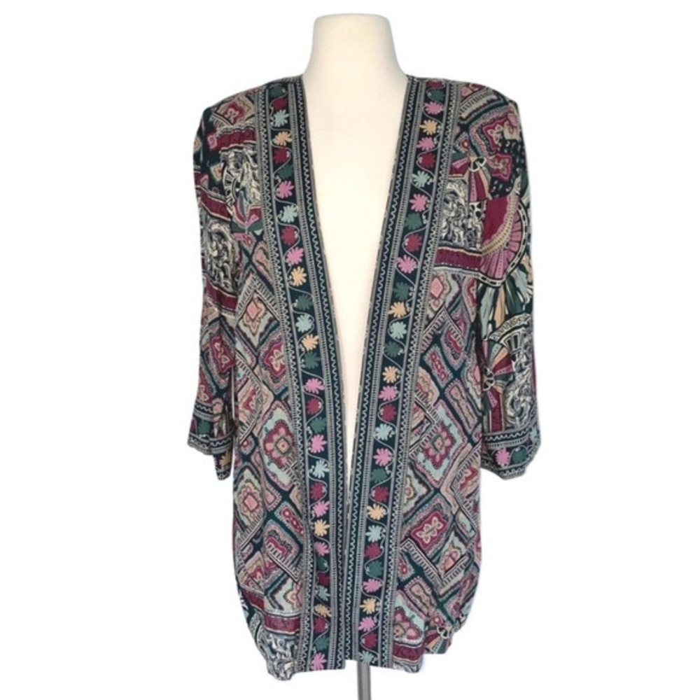 VTG Printed Open Front Jacket Cardigan Multicolor Print 14 Petite